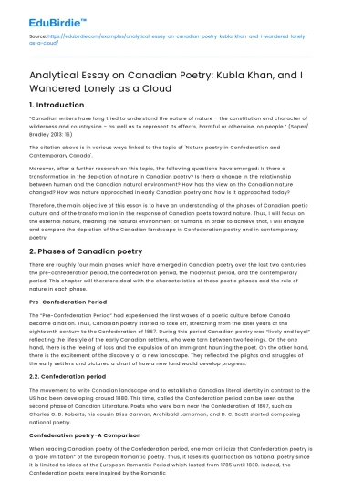 Analysis of Canadian Poetry: Kubla Khan and I Wandered Lonely as a Cloud