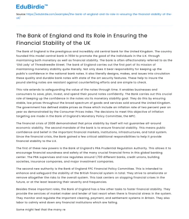 Bank of England: Ensuring UK Financial Stability