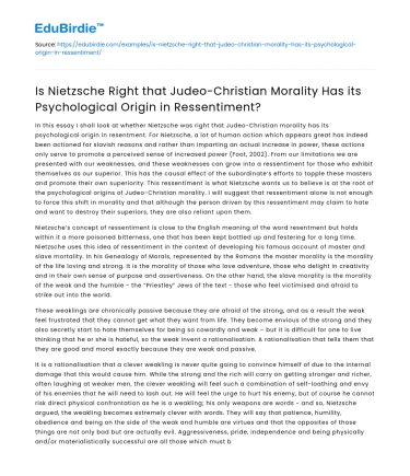 Origin of Judeo-Christian Morality in Ressentiment: Nietzsche’s View