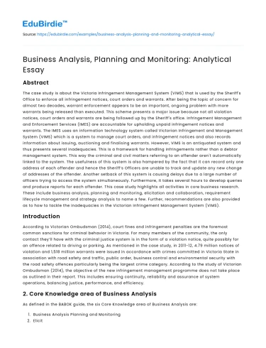 Business Analysis, Planning and Monitoring: Analytical Essay