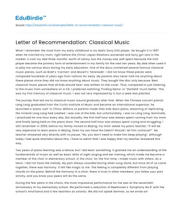 Letter of Recommendation: Classical Music