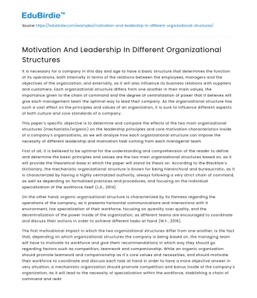 Motivation And Leadership In Different Organizational Structures