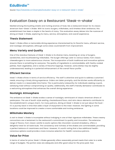 Evaluation Essay on a Restaurant ‘Steak-n-shake’