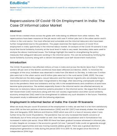 Covid-19’s Impact on Employment in India’s Informal Market