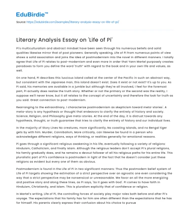 Literary Analysis Essay on ‘Life of Pi’
