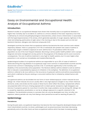 Analysis of Occupational Asthma in Environmental Health