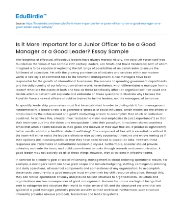 Junior Officer: Manager or Leader?