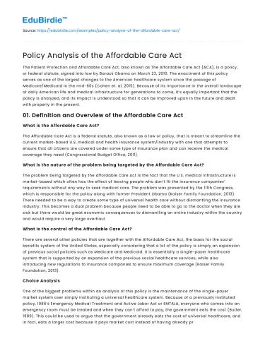Policy Analysis of the Affordable Care Act