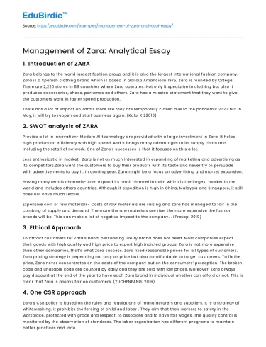 Management of Zara: Analytical Essay