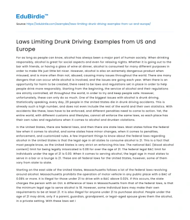 Laws Limiting Drunk Driving: Examples from US and Europe