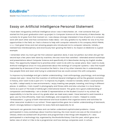 Essay on Artificial Intelligence Personal Statement