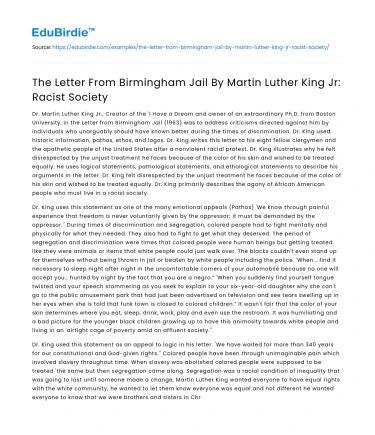 The Letter From Birmingham Jail By Martin Luther King Jr: Racist Society
