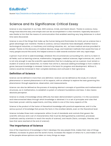 Science and Its Significance: Critical Essay