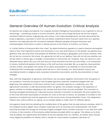 General Overview Of Human Evolution: Critical Analysis