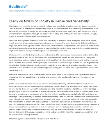 Essay on Masks of Society in ‘Sense and Sensibility’