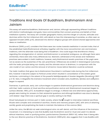 Traditions And Goals Of Buddhism, Brahmanism And Jainism