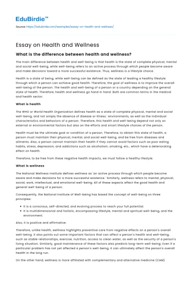 Essay on Health and Wellness