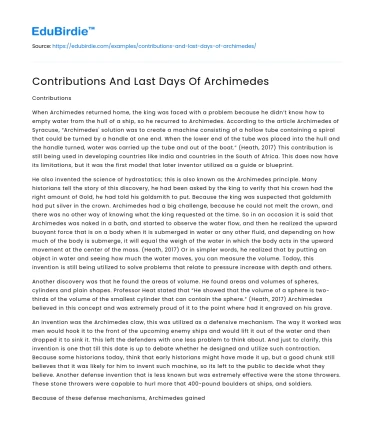 Contributions And Last Days Of Archimedes