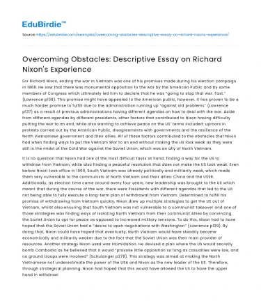 Overcoming Obstacles: Descriptive Essay on Richard Nixon’s Experience