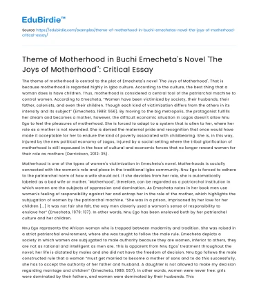 Motherhood Theme in Buchi Emecheta’s ‘The Joys of Motherhood’