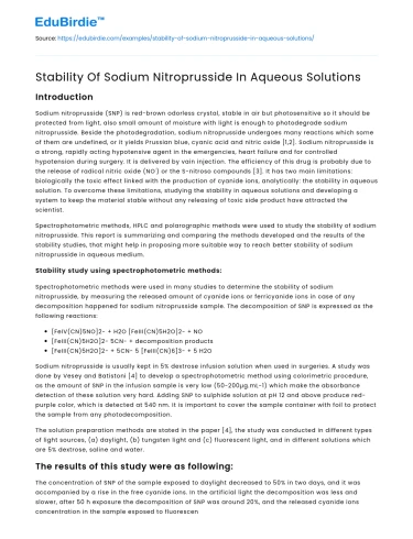 Stability Of Sodium Nitroprusside In Aqueous Solutions