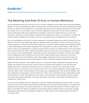 The Meaning And Role Of Envy In Human Behaviour