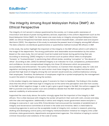 The Integrity Among Royal Malaysian Police (RMP): An Ethical Perspective