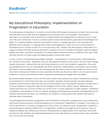 My Educational Philosophy: Implementation of Pragmatism in Education