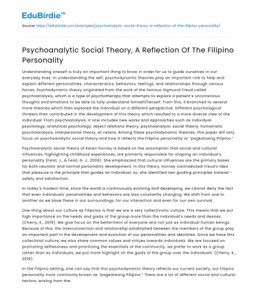 Psychoanalytic Social Theory, A Reflection Of The Filipino Personality