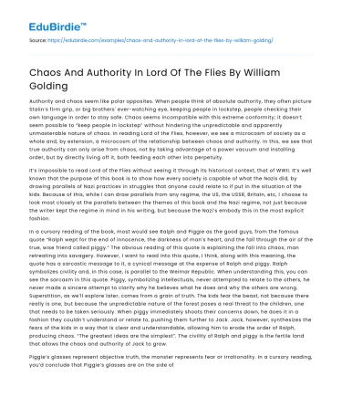 Chaos And Authority In Lord Of The Flies By William Golding
