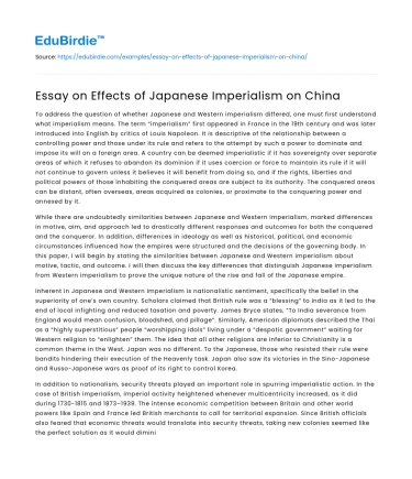 Essay on Effects of Japanese Imperialism on China