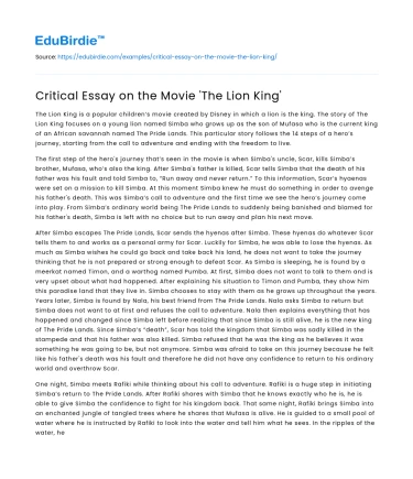 Critical Essay on the Movie ‘The Lion King’