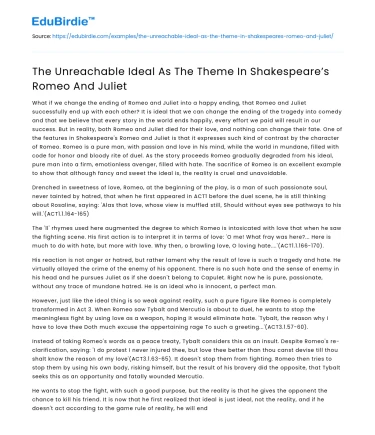 The Unreachable Ideal As The Theme In Shakespeare’s Romeo And Juliet