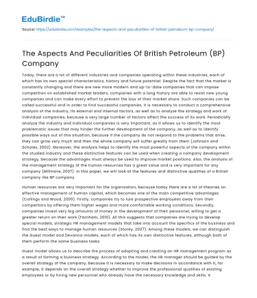 The Aspects And Peculiarities Of British Petroleum (BP) Company