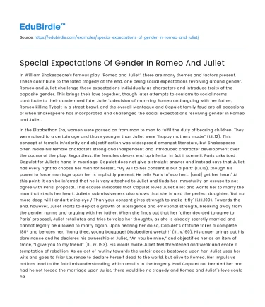 Special Expectations Of Gender In Romeo And Juliet