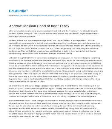 Andrew Jackson Good or Bad? Essay
