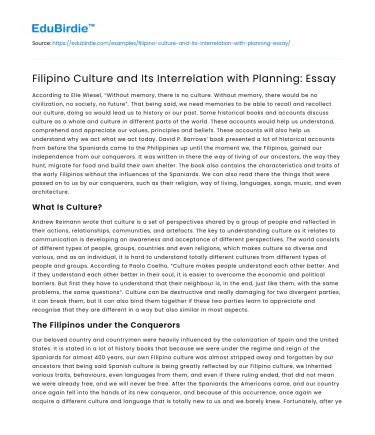 Filipino Culture and Its Interrelation with Planning: Essay