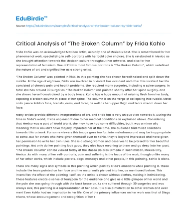 Critical Analysis of “The Broken Column” by Frida Kahlo