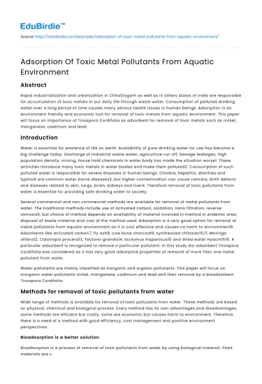 Adsorption Of Toxic Metal Pollutants From Aquatic Environment