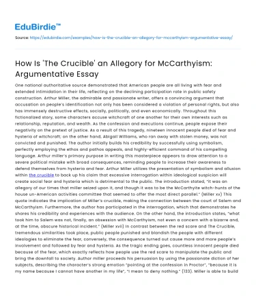 How Is ‘The Crucible’ an Allegory for McCarthyism: Argumentative Essay