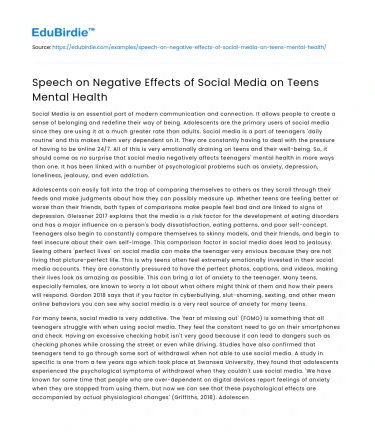 Speech on Negative Effects of Social Media on Teens Mental Health