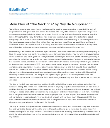 Main Idea of “The Necklace” by Guy de Maupassant