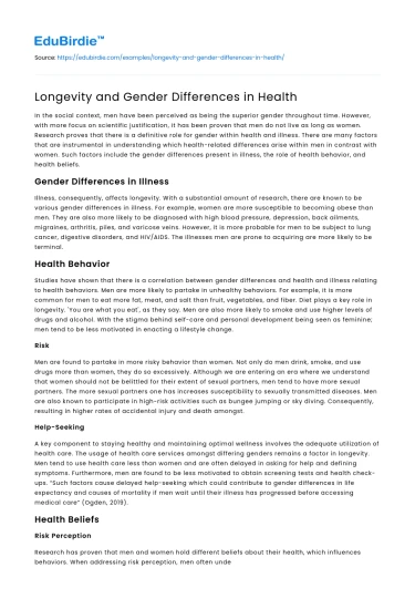 Longevity and Gender Differences in Health
