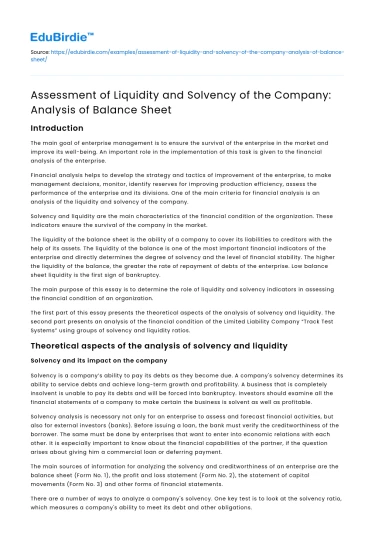 Company’s Liquidity and Solvency: Balance Sheet Analysis