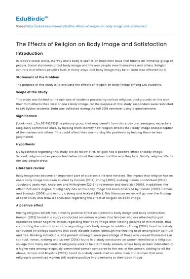 The Effects of Religion on Body Image and Satisfaction