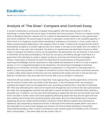 Analysis of ‘The Giver’: Compare and Contrast Essay