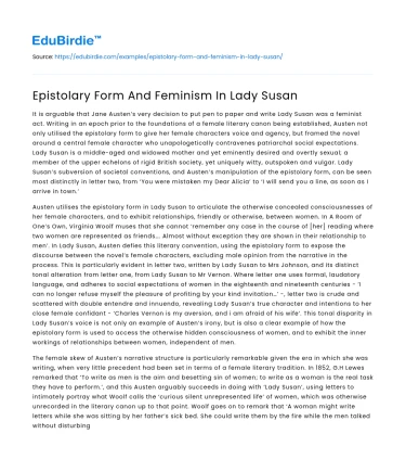 Epistolary Form And Feminism In Lady Susan