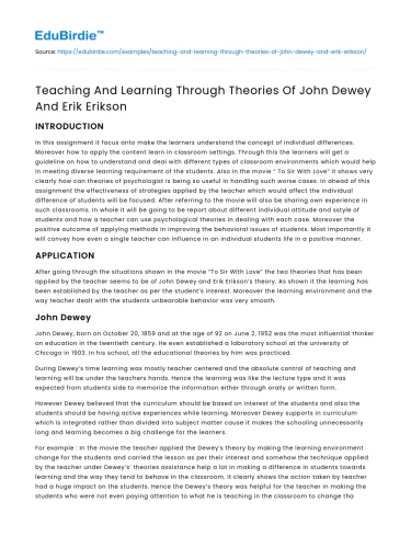 Teaching And Learning Through Theories Of John Dewey And Erik Erikson