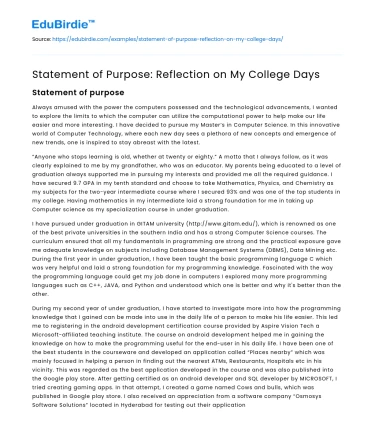 Statement of Purpose: Reflection on My College Days