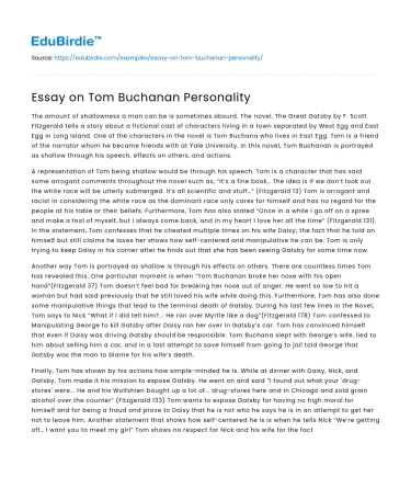 Essay on Tom Buchanan Personality